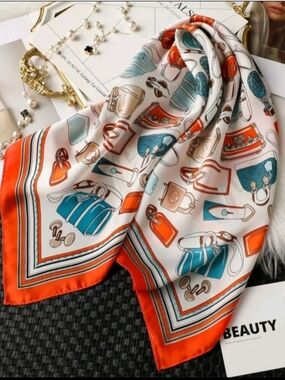 Silk-Feel Orange and Teal Printed Square Scarf